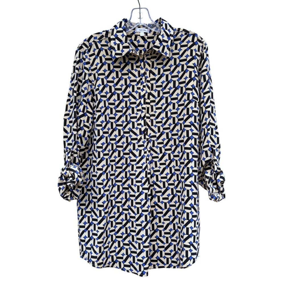 Tyler Boe Silk Shirt S Oversized Popover Geometric Roll Tab Snap Front 100% Silk